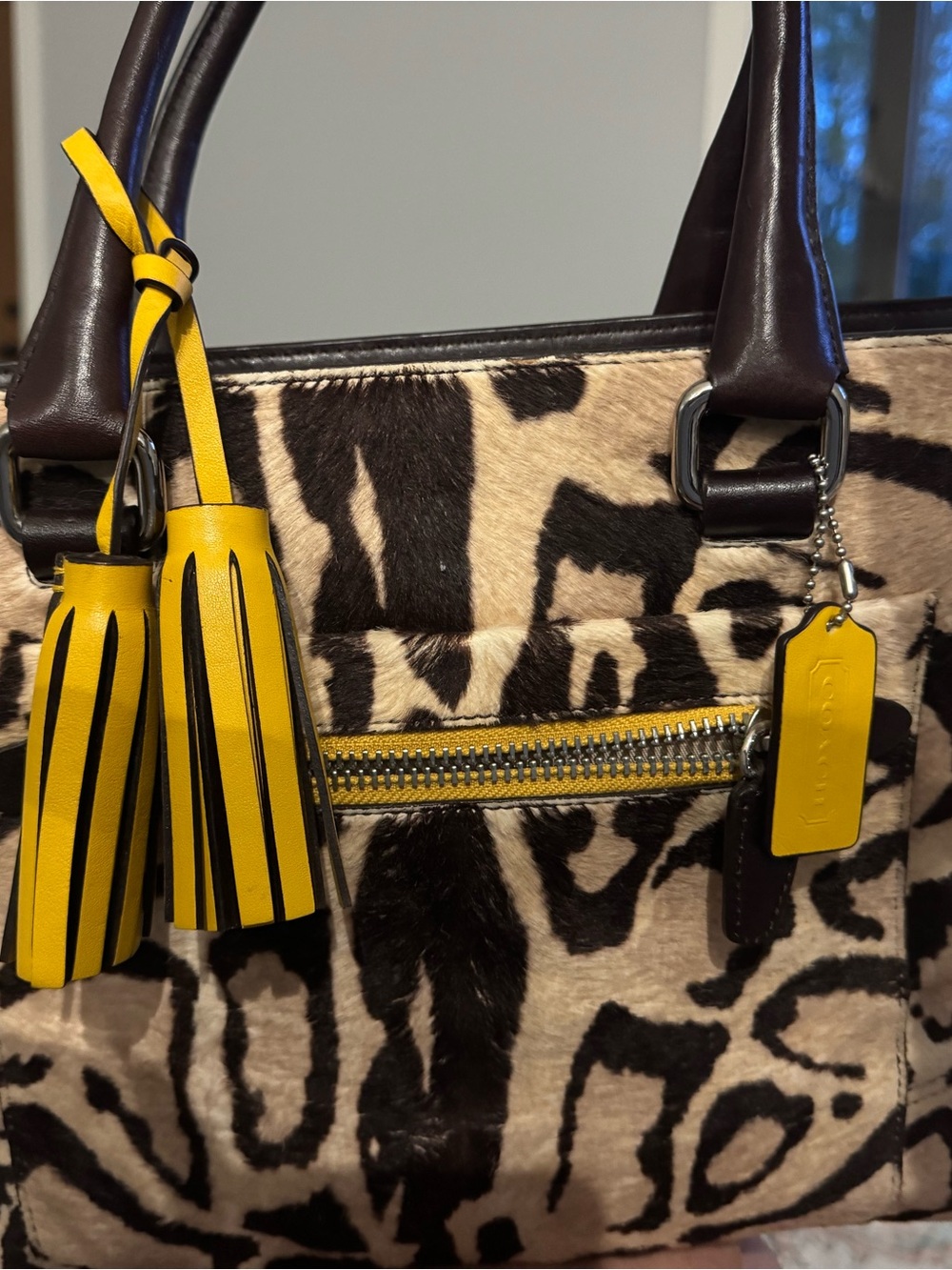 Coach Leopard-Print Shoulder Bag with Yellow Tassels